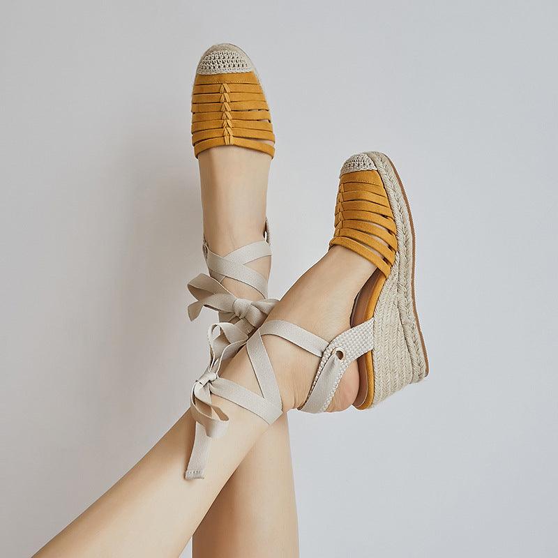 Platform Straw Woven Wedge Cream White Toe Cap Sandals Flat High Heels - Bloomjay
