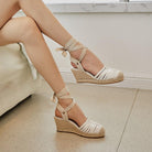 Platform Straw Woven Wedge Cream White Toe Cap Sandals Flat High Heels - Bloomjay