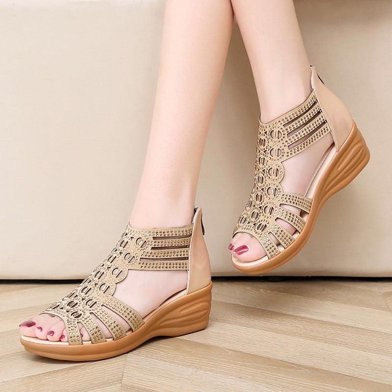 Woman Sandals Women Cyrstal Comfortable Pumps Ladies Fashion Wedges Female Rome Bling Hollow Out Shoes Women's Zip Footwear - Bloomjay