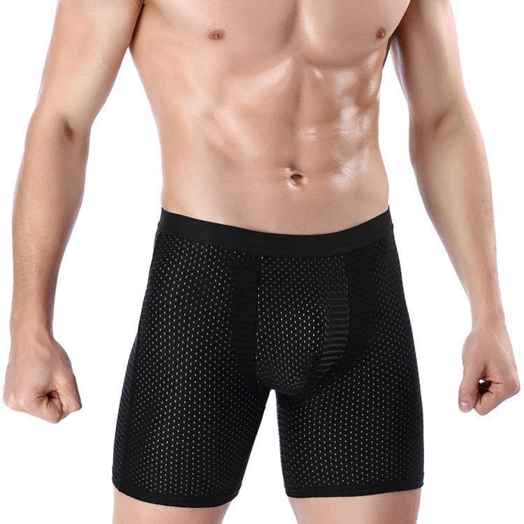 Men's sports underwear long ice mesh eye sexy breathable boxer briefs running wear leg long pants - Bloomjay