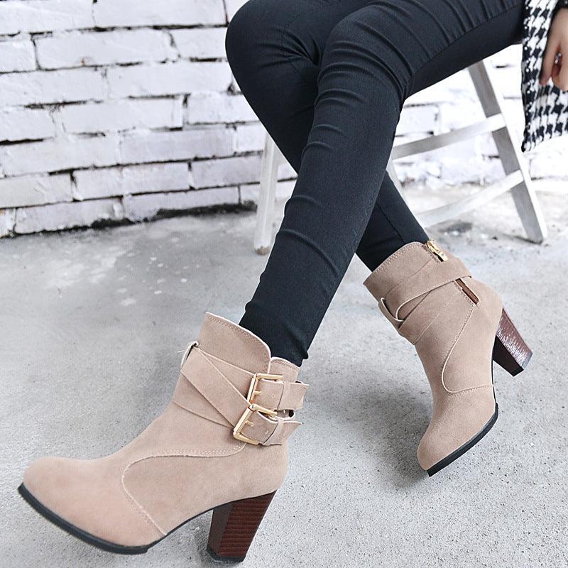 Winter Autumn Leather Casual Women High Heels Pumps Warm Ankle Boots - Bloomjay