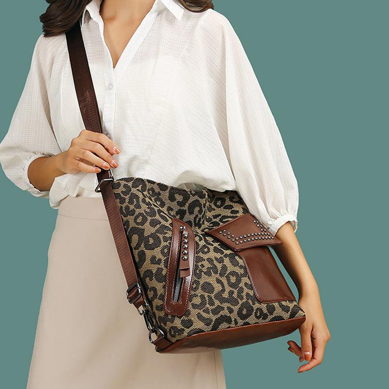 Houndstooth Backpack Women Fashion Rivet Design Leopard Shoulder Bags - Bloomjay