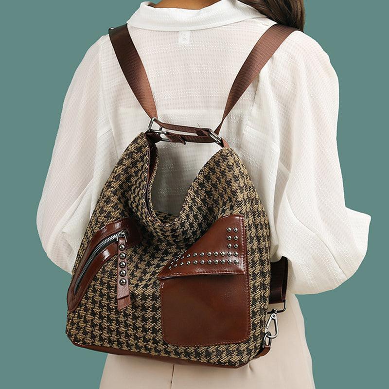 Houndstooth Backpack Women Fashion Rivet Design Leopard Shoulder Bags - Bloomjay