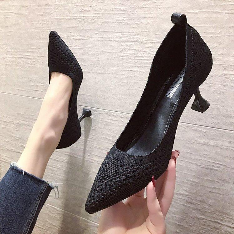 Fashion High-heeled Flying Woven Pointed Pumps Women's Stiletto Mid-heeled Women - Bloomjay