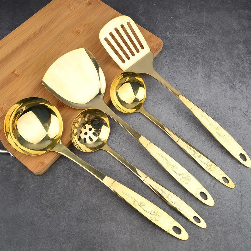 "Copper Kitchen Utensil Set: Spoon, Spatula, Colander, Frying Spatula." - Bloomjay