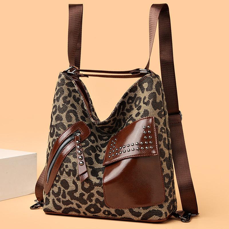 Houndstooth Backpack Women Fashion Rivet Design Leopard Shoulder Bags - Bloomjay