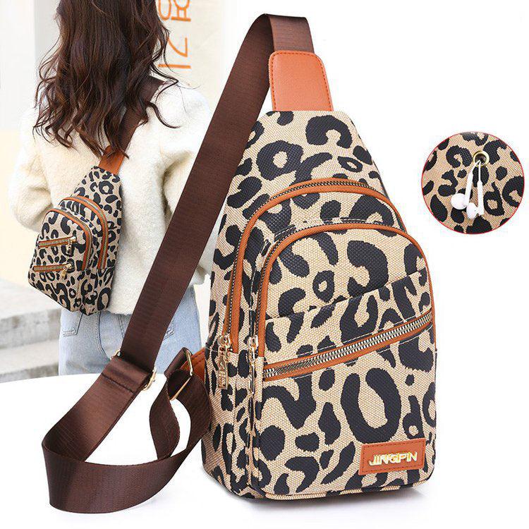 Leopard Print Sling Chest Bag With Headphone Jack Crossbody Backpack Shoulder Bag Women - Bloomjay