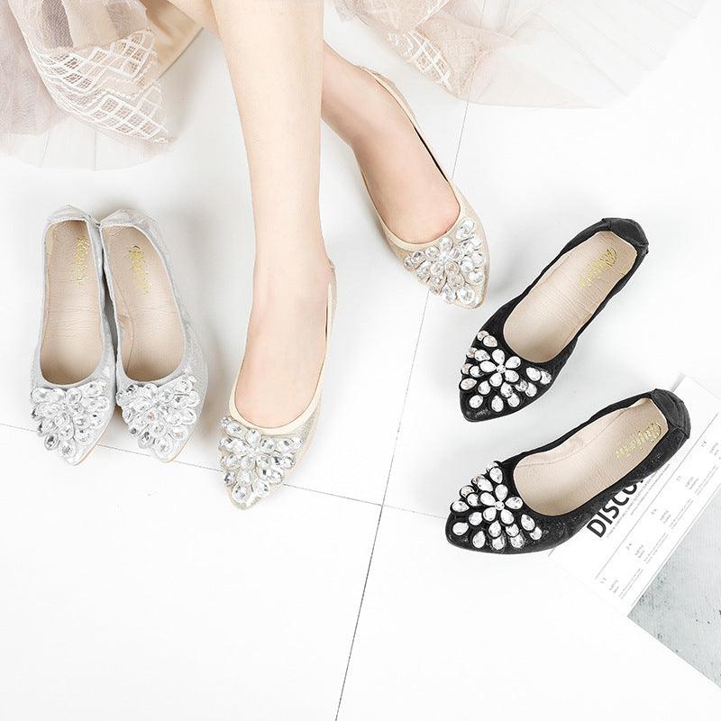 Soft Bottom Pointed Toe Flat Bottom Rhinestone Pumps Women - Bloomjay