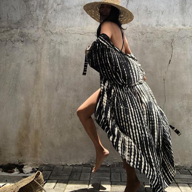 Boho-printed fringed long kimonos, carfigans, and tunics serve as sexy bikini cover-ups for plus-size women, ideal for beachwear and swim suits - Bloomjay