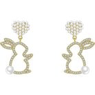 Adorn your ears with our Pearl Bunny Earrings, featuring a silver pin for a charming and stylish addition to your jewelry collection.