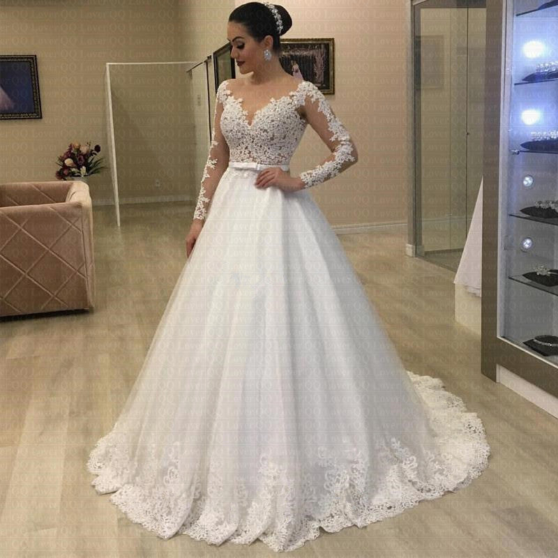 Applique Long Sleeve Wedding Dress Bridal Gown