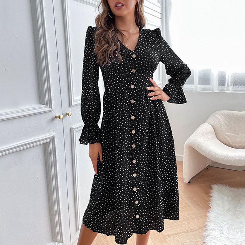 Autumn women's temperament black wave dot long sleeve dress