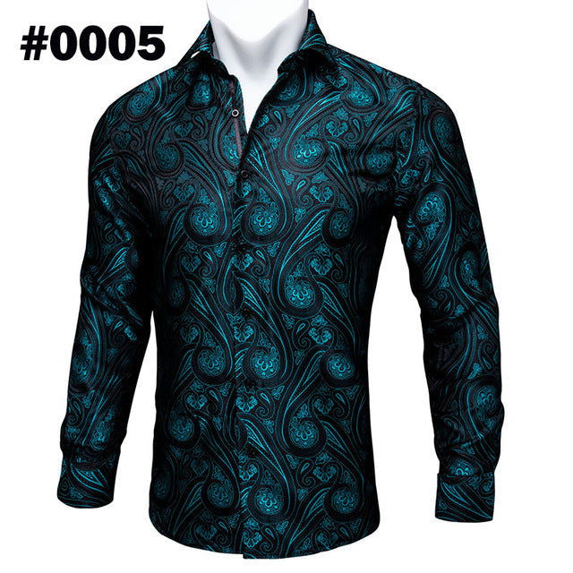 Barry.Wang Teal Paisley Floral Silk Shirts Men Autumn Long Sleeve Casual Flower Shirts For Men Designer Fit Dress Shirt BCY-05