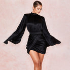 Black Satin Silk Wrap Dress: A Turtleneck, Elegant Office Lady's Short Dress, Perfect for Casual Autumn and Winter Wear