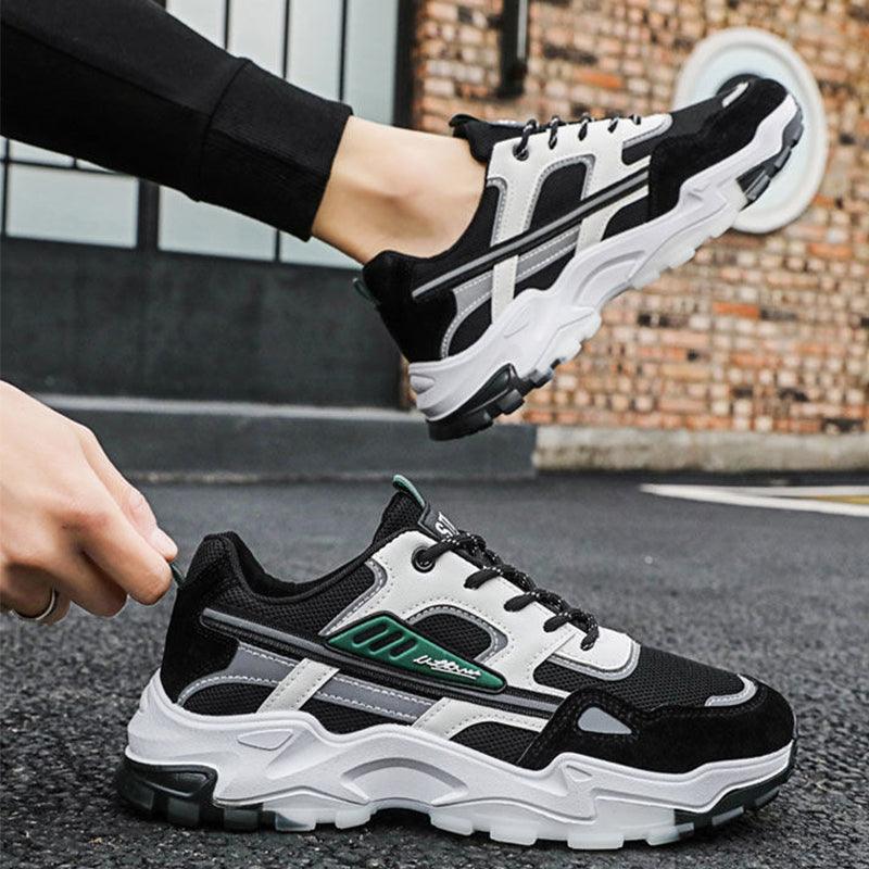 "Black White Lace-up Sneakers: Outdoor Breathable Mesh Shoes, Lightweight Running Sports Shoes for Men."