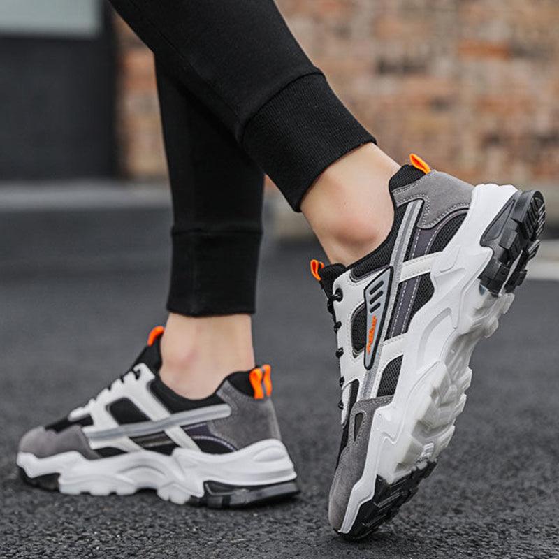 "Black White Lace-up Sneakers: Outdoor Breathable Mesh Shoes, Lightweight Running Sports Shoes for Men."