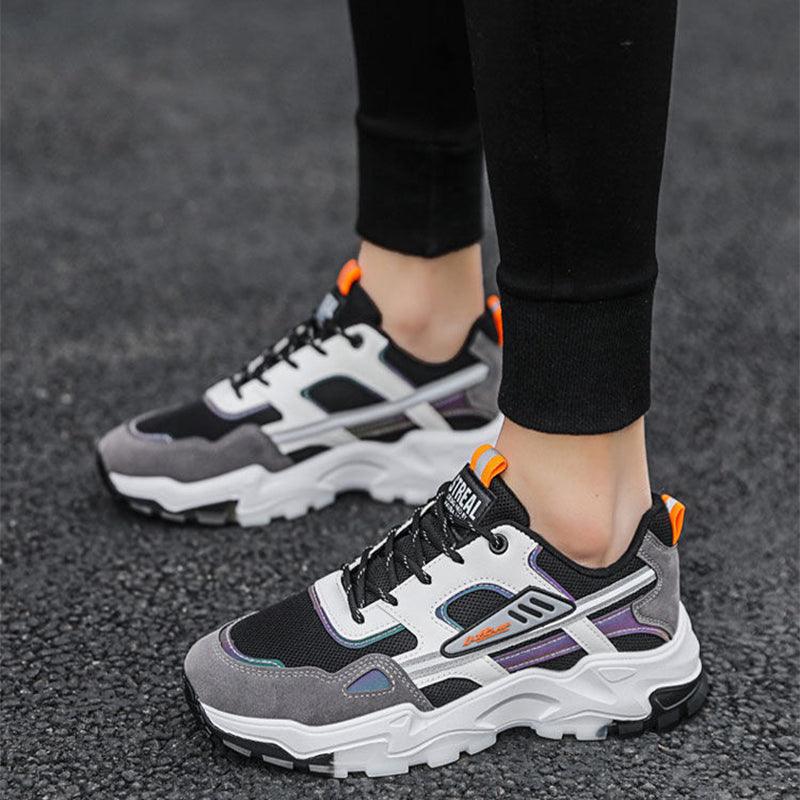 "Black White Lace-up Sneakers: Outdoor Breathable Mesh Shoes, Lightweight Running Sports Shoes for Men."