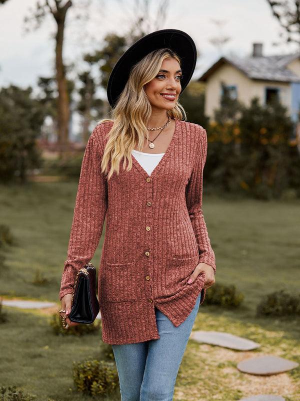 Brushed pitted solid color long-sleeved ladies cardigan