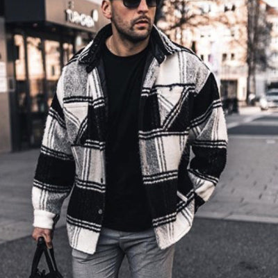 Casual lapel color matching versatile men's plaid jacket