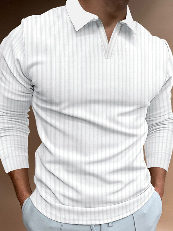 Casual stand-up collar stretch vertical strip long-sleeve V-neck POLO