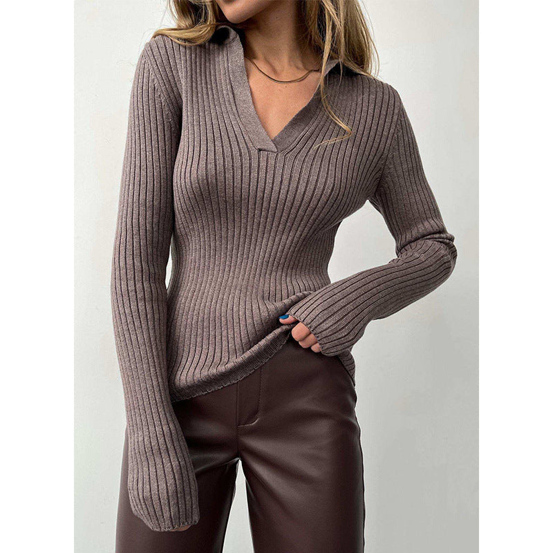 Collar Knitted Sweater Temperament Commute Slim Fit Sunken Stripe Bottoming Pullover Sweater