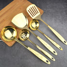 "Copper Kitchen Utensil Set: Spoon, Spatula, Colander, Frying Spatula."