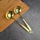 "Copper Kitchen Utensil Set: Spoon, Spatula, Colander, Frying Spatula."