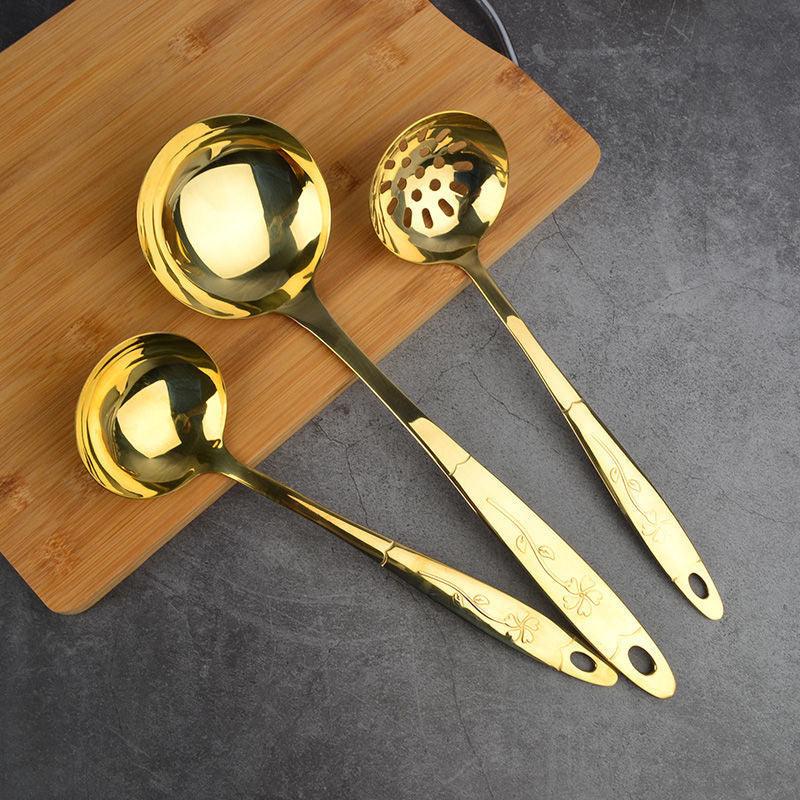 "Copper Kitchen Utensil Set: Spoon, Spatula, Colander, Frying Spatula."