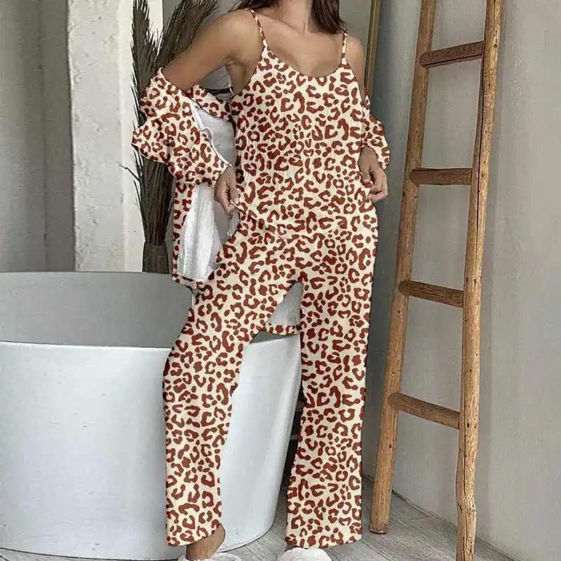 Cotton Home Wear Crepe Printed Suspender Trousers Full Floor Printed Bathrobe Women's Pajama Suit Casual Breathable Comfortable