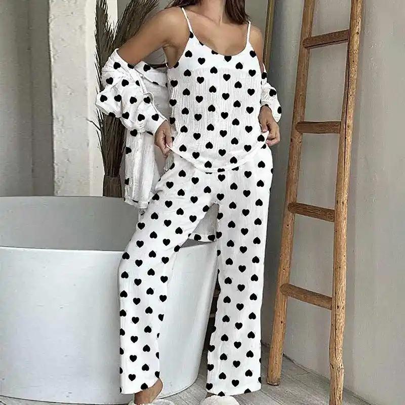 Cotton Home Wear Crepe Printed Suspender Trousers Full Floor Printed Bathrobe Women's Pajama Suit Casual Breathable Comfortable