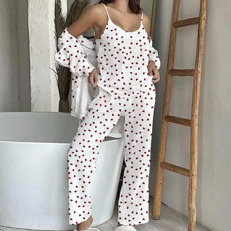 Cotton Home Wear Crepe Printed Suspender Trousers Full Floor Printed Bathrobe Women's Pajama Suit Casual Breathable Comfortable