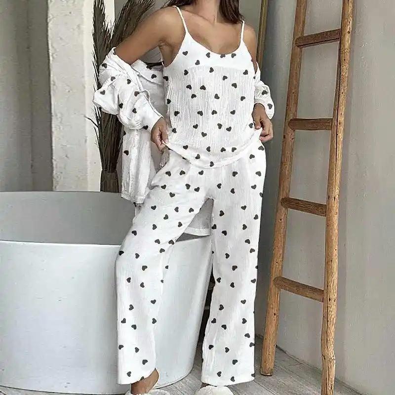 Cotton Home Wear Crepe Printed Suspender Trousers Full Floor Printed Bathrobe Women's Pajama Suit Casual Breathable Comfortable