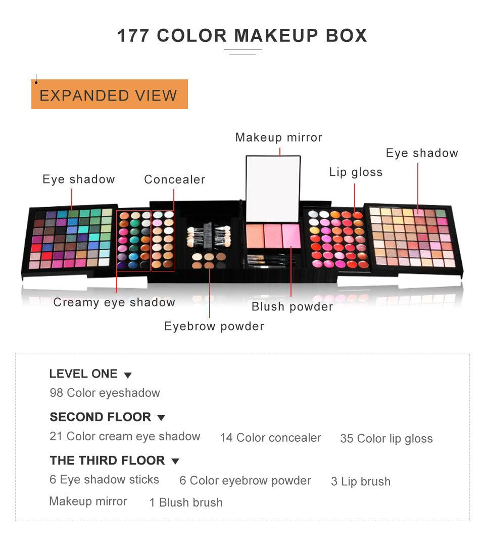 "Cross-border Makeup Set: 177 colors for eyes, blush, lips—versatile and vibrant."