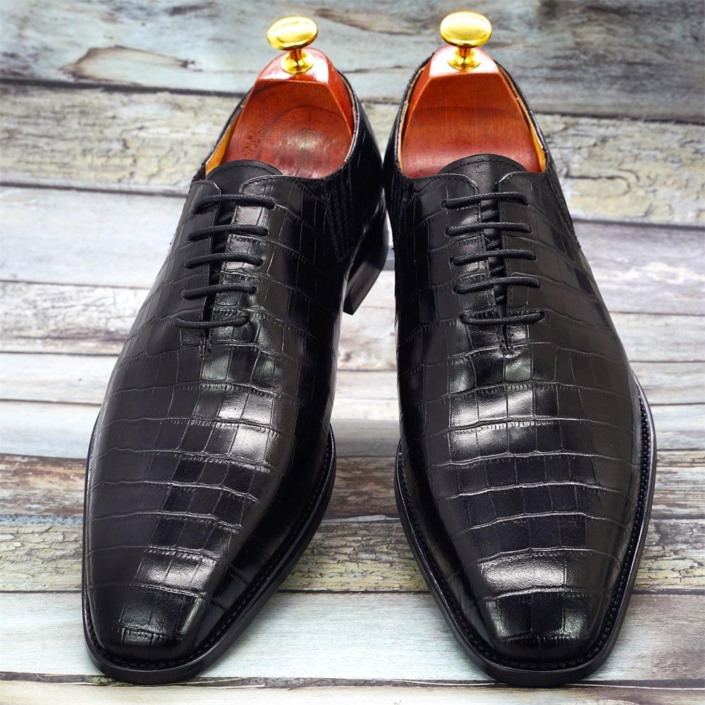 Discover sophistication with our Embossed Fish Pattern Leather Business Shoes, perfect for formal occasions.