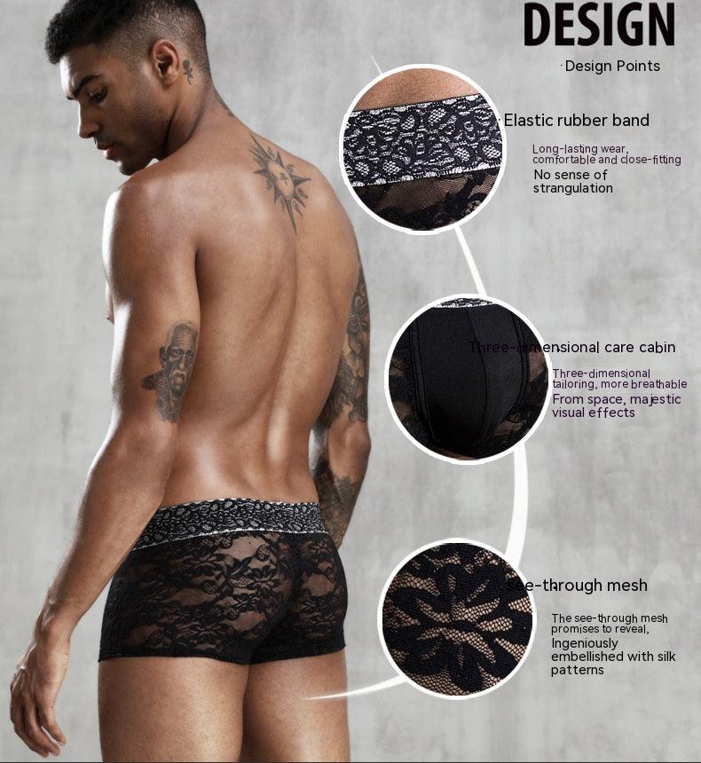 Discover the perfect combination of allure and style with our Black Lace See-through Men's Boxers.