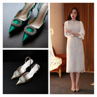 Elegant Rhinestone High Heels Women Pumps Silk Pointed Toe Red Bridal Wedding Shoes Buckle Strap Crystal Party Sandals