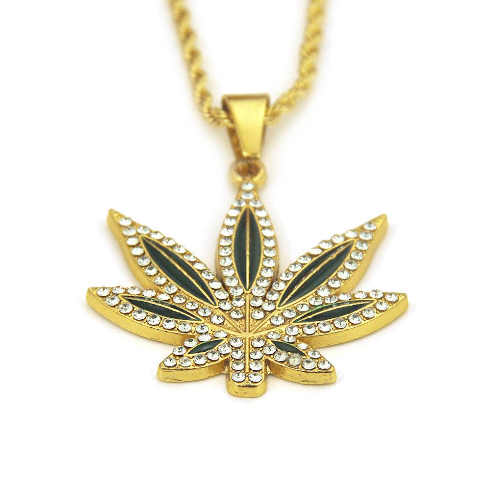 Elevate your style with our Punk Hip Hop Oil Painting Diamond-Embedded Maple Leaves Pendant for a bold and trendy look.