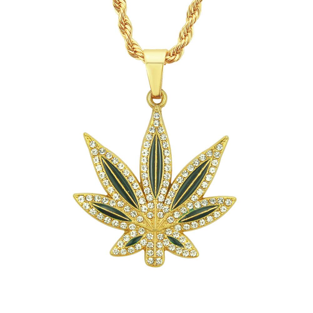 Elevate your style with our Punk Hip Hop Oil Painting Diamond-Embedded Maple Leaves Pendant for a bold and trendy look.