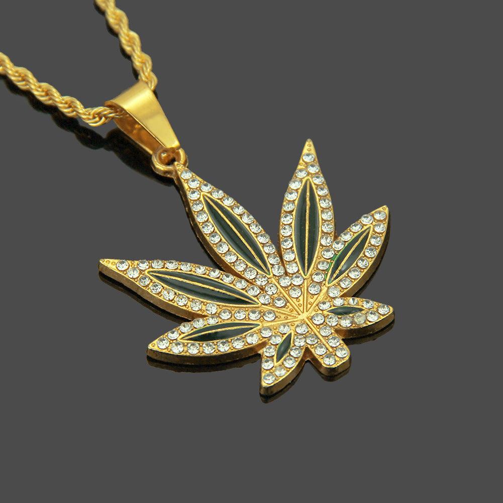 Elevate your style with our Punk Hip Hop Oil Painting Diamond-Embedded Maple Leaves Pendant for a bold and trendy look.