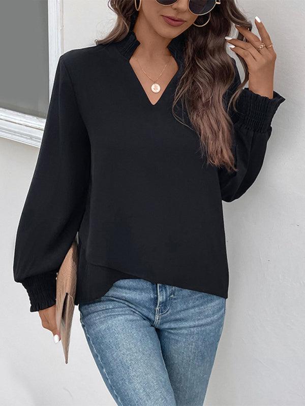 Elevate your style with our V-neck Elegant Loose Fit Women's Shirt, a sophisticated and comfortable addition to your wardrobe.