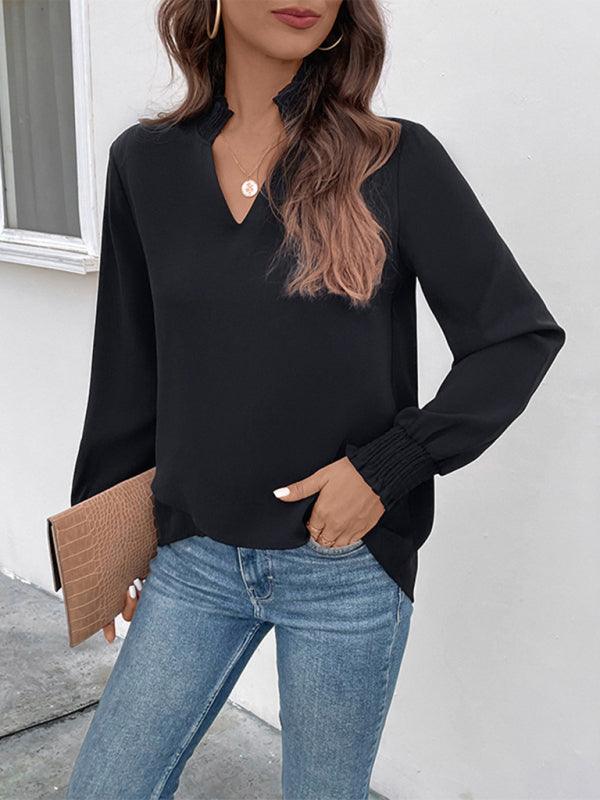 Elevate your style with our V-neck Elegant Loose Fit Women's Shirt, a sophisticated and comfortable addition to your wardrobe.