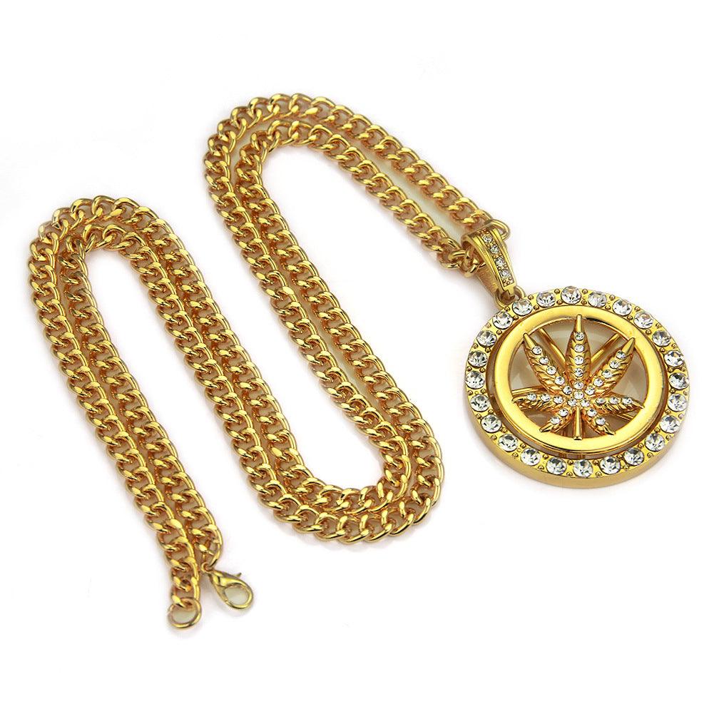 Elevate your style with the European Hip Hop Diamond Maple Leaf Turntable Necklace for a distinctive and trendy look.