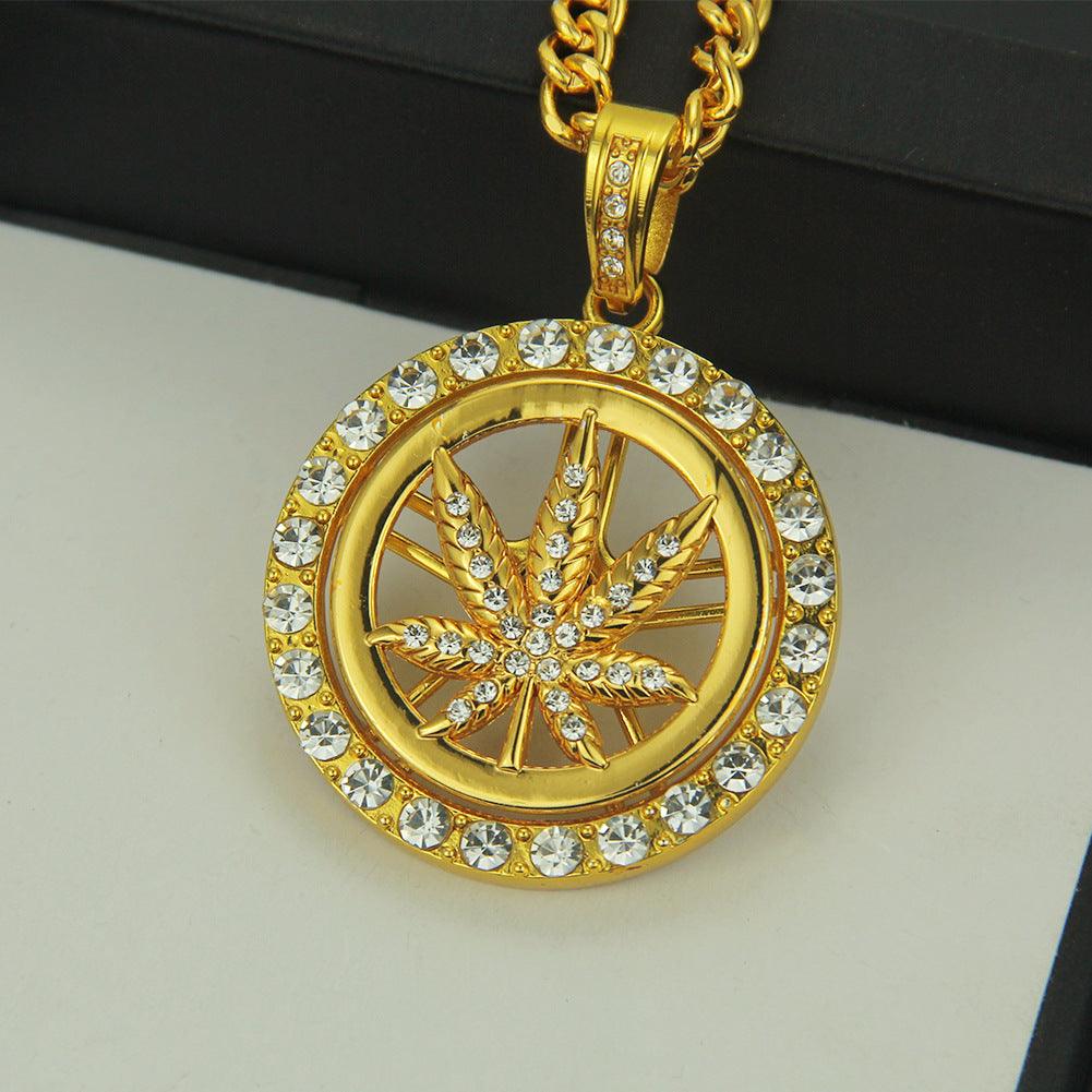 Elevate your style with the European Hip Hop Diamond Maple Leaf Turntable Necklace for a distinctive and trendy look.