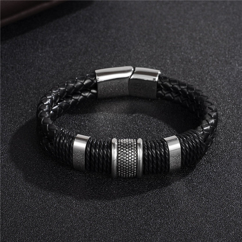 Fashion Black Braid Woven Leather Bracelet Titanium Stainless Steel Bracelet Men Bangle Men Jewelry Vintage Gift