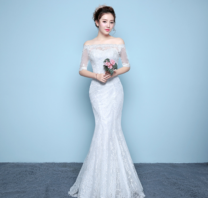 Fishtail Waist Qi-Shoulder Wedding Dress