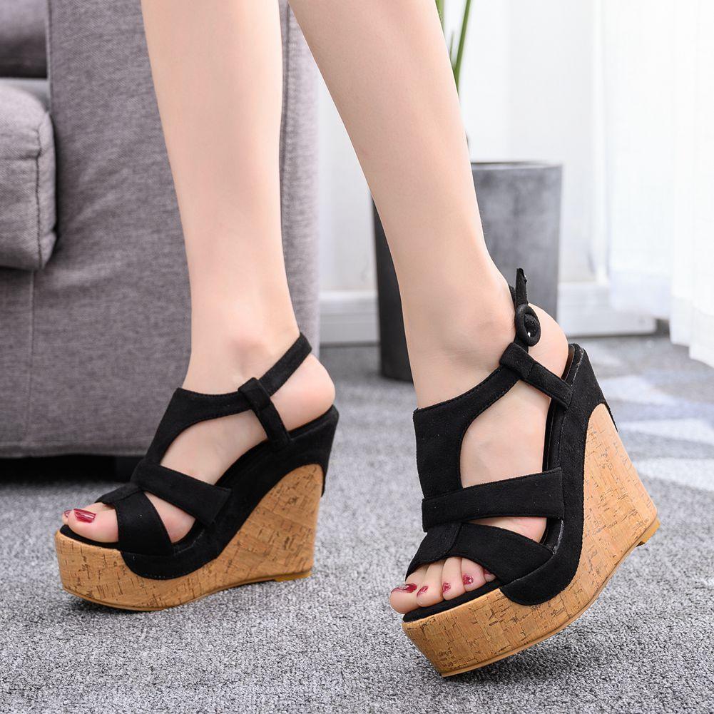 Foreign Trade Large Size 12 Cm Wedge Heel Waterproof Platform Hollow Sandals Thick Bottom Wedge Heel High Heels Women Foreign Trade Wedge Heel Sandals