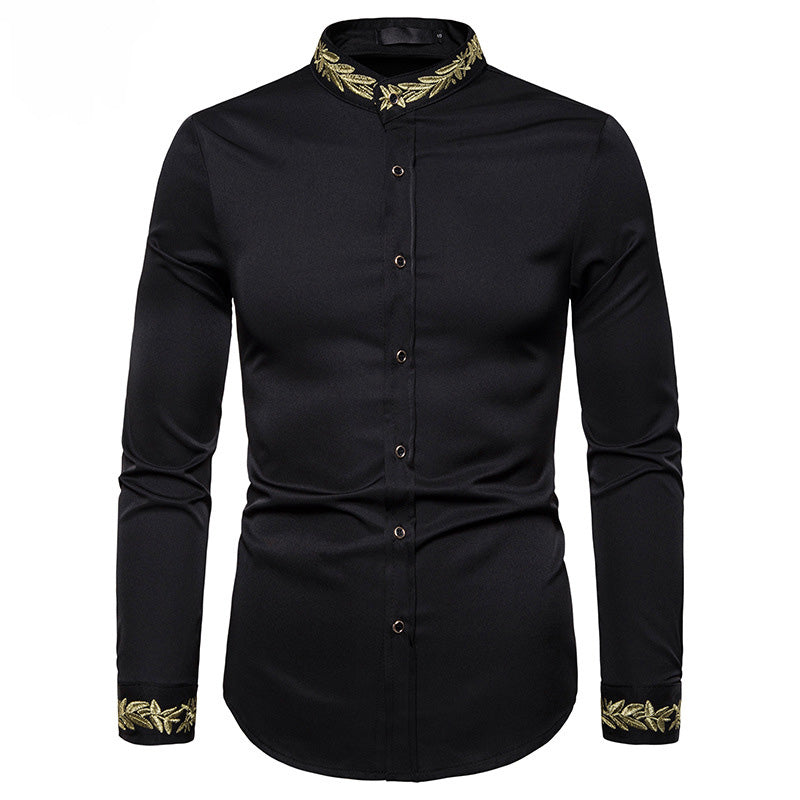 Gold Embroidery White Shirt Men Brand New Stand Collar Mens Dress Shirts Casual Slim Long Sleeve Chemise Homme Camisa Masculina