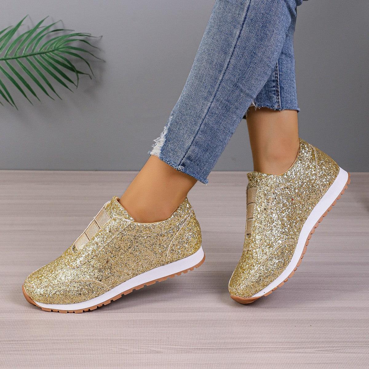 Gold Sliver Sequined Flats New Fashion Casual Round Toe Slip-on Shoes Women Outdoor Casual Walking Running Shoes