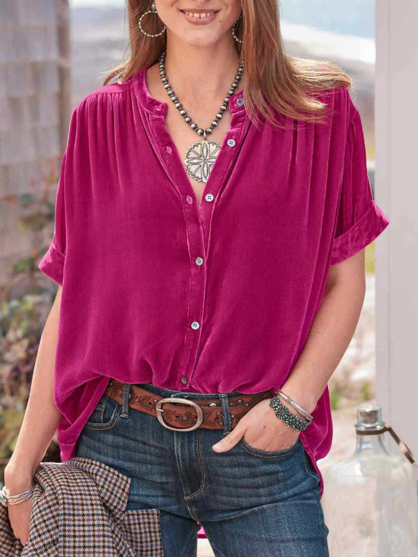 Gold velvet solid color short-sleeved round neck shirt shirt