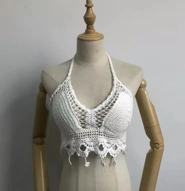 Halter neck Top: Lace-up Exposed Vest Female Openwork Knitted